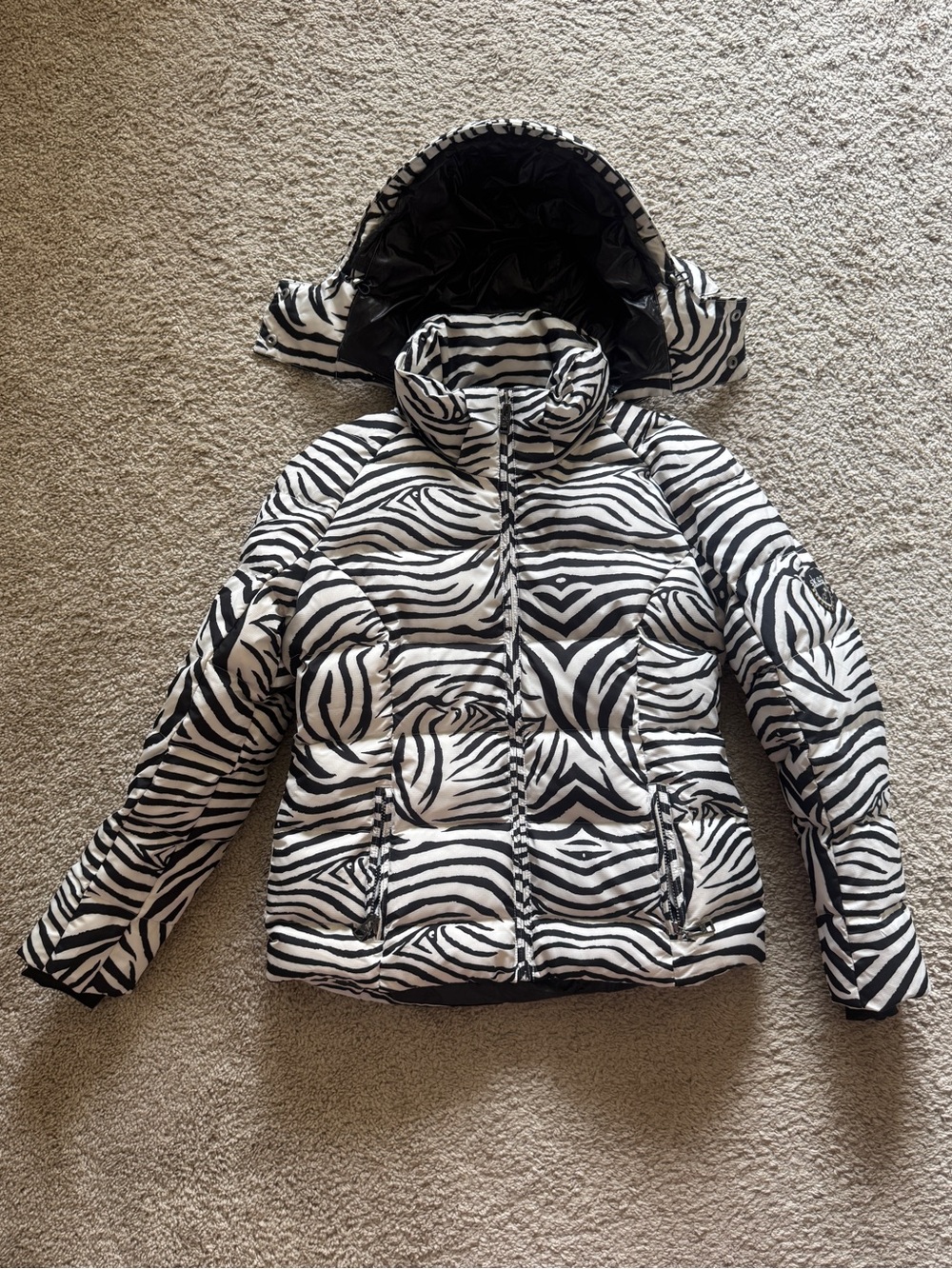 SKEA LTD Zebra Print Hooded Down Ski Puffer Coat Size 10 Black White